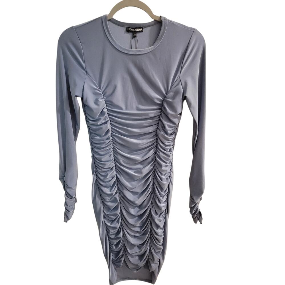 Fashion Nova Andrea Ruched Mini Dress M Slate Blue Long Sleeve Bodycon NWT